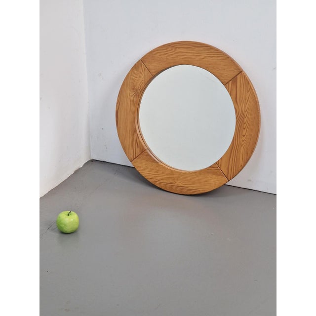 Vintage pine wood round mirror Scandinavian '70s retro scandanavian modern mirror mid century vintage mirror with pinewood...