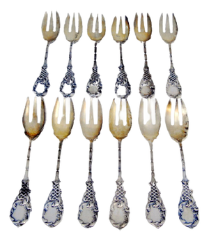 Silver Oyster Forks with Reliefs Surrounding Monogram Cards, Set of 12