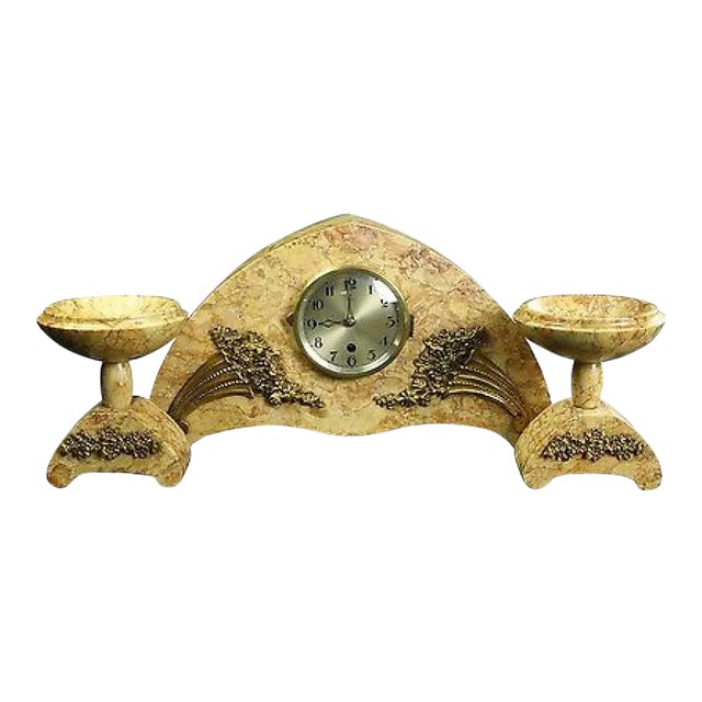 French Art Deco Marble Mantle Clock Set With Garnitures - 3 Pieces For Sale