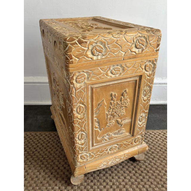 Wood Vintage Asian Carved Storage Chest With Asian Landscape Reliefs For Sale - Image 7 of 14