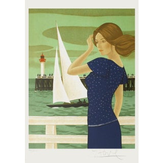 1975 Yves Ganne a Woman by the Sea Lithograph For Sale