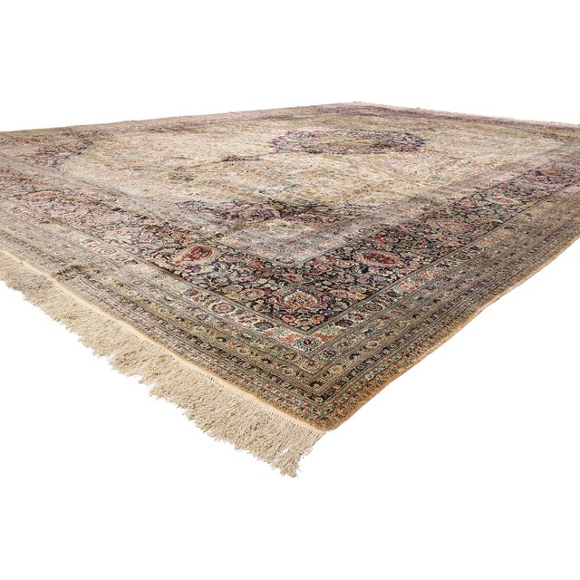 79157 Vintage Chinese Silk Qum Rug, 12'00 x 17'08. The Gilded Reverie: A Vintage Silk Qum Masterpiece of Regal Elegance...