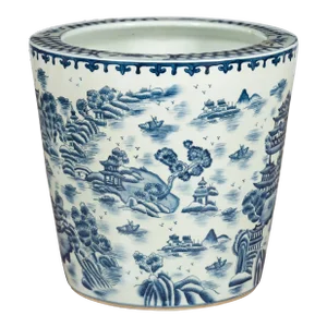 Vintage Porcelain Cache-Pot Planter with Blue and White Mountainous Landscape