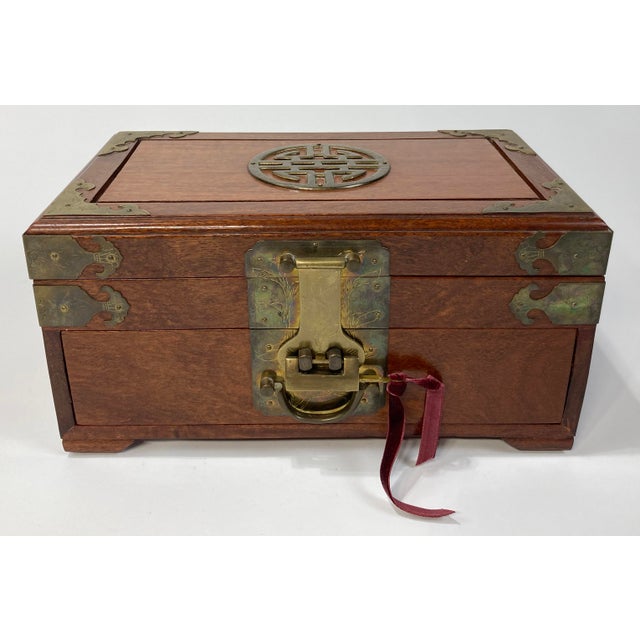 Traditional Vintage Asian Wood and Brass Jewelry Box With Bar Lock For Sale - Image 3 of 11