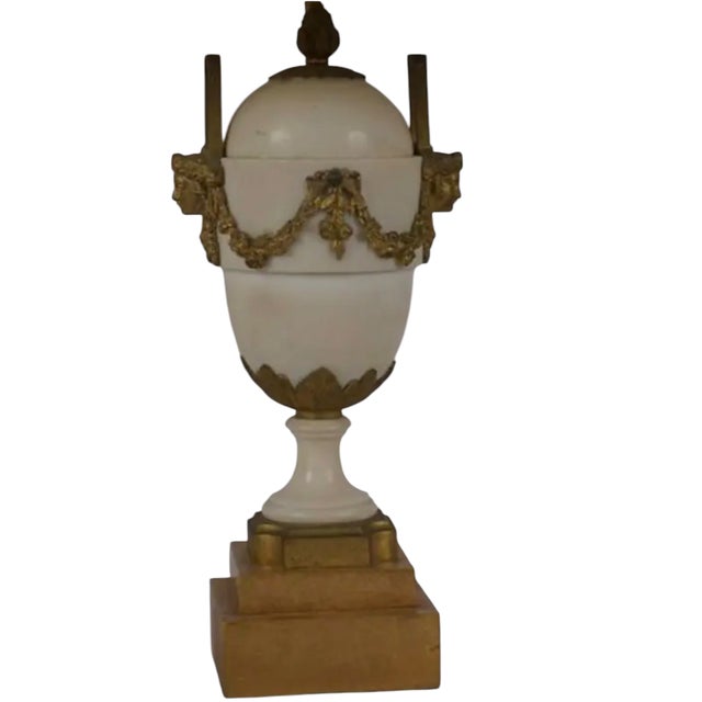 Pair of French Gilt-Bronze Mounted White Marble Urns Now Designer Lamps WithHand Smocked Shades.