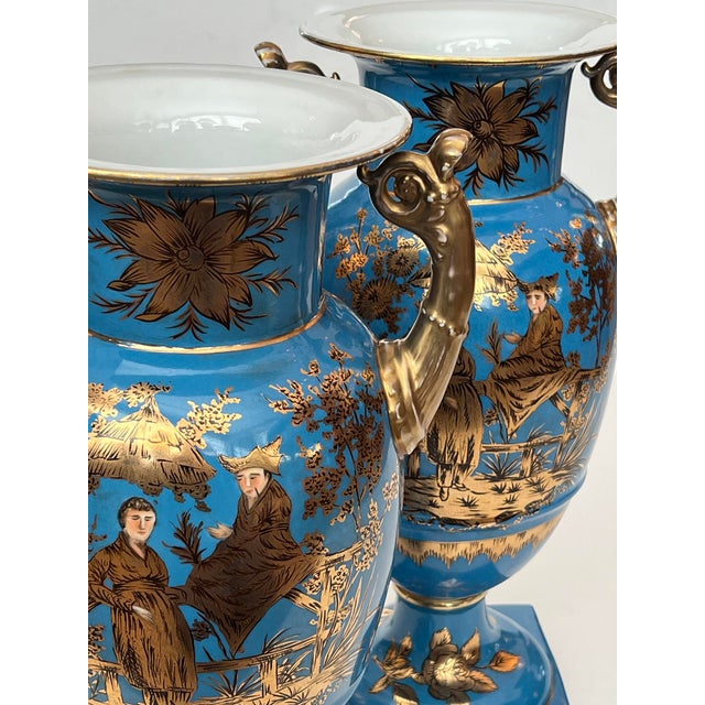 Ceramic Pair of French Paris Porcelain Chinoiserie Gilt and Cerulean Blue Ground Vases For Sale - Image 7 of 15