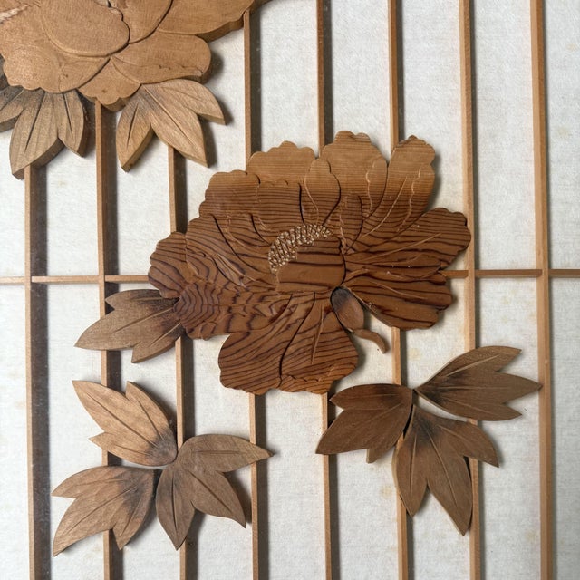Japanese Wooden Two-Panel Screen with Shishi and Peonies, 1940s For Sale - Image 13 of 18