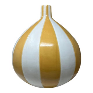 Vintage Signed Studio Pottery Bulbous Vase With Golden Yellow Stripes For Sale