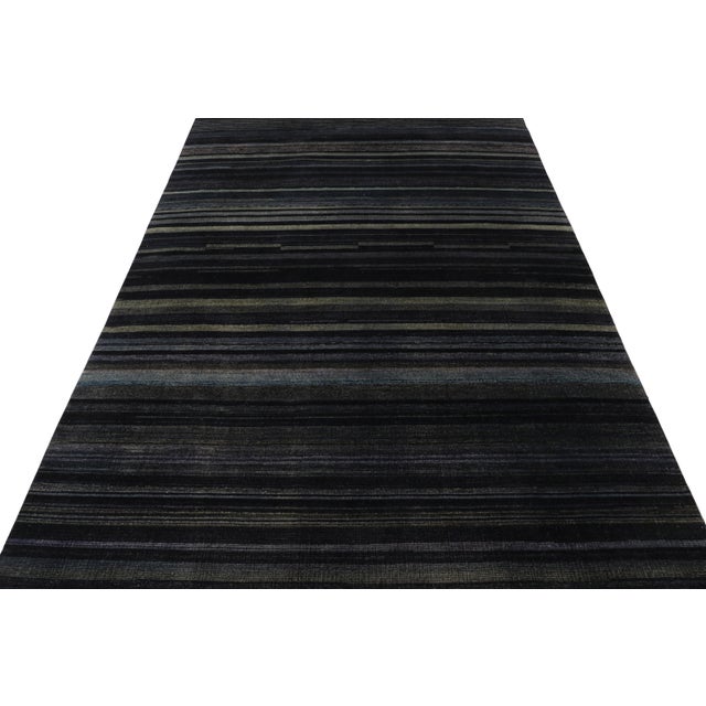 Rug & Kilim Rug & Kilim’s Modern Textural Rug in Grisaille Blue and Black Stripes and Striae For Sale - Image 4 of 8