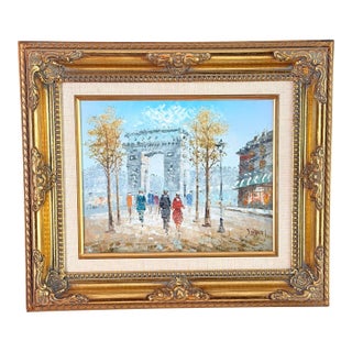 Vintage J. Bardot Signed Oil Painting, Paris Street Scene With Arc De Triomphe, Gilt Frame For Sale