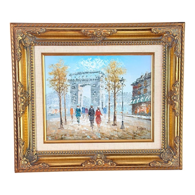 Vintage J. Bardot Signed Oil Painting, Paris Street Scene With Arc De Triomphe, Gilt Frame For Sale