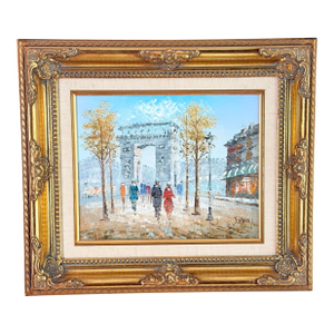 Vintage J. Bardot Signed Oil Painting, Paris Street Scene With Arc De Triomphe, Gilt Frame