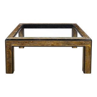 Mid-Century Acid Etched Brass, Lacquer & Glass Cocktail Table by Mastercraft For Sale