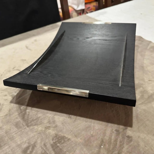 Postmodern 1990s Modern Curved Ebonized Wood and Sterling Silver Serving Tray by Silvan For Sale - Image 3 of 11