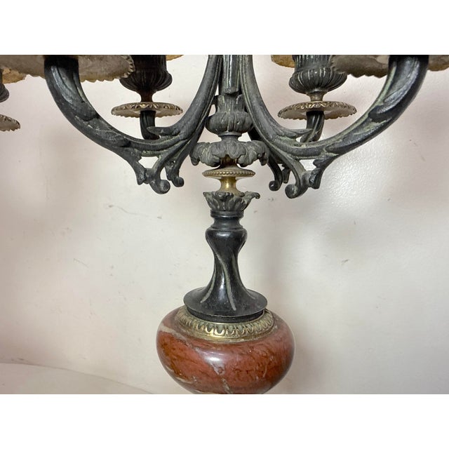 Pair Antique Ornate 1800's Patinated Gilt Bronze Marble Neoclassical Candelabras For Sale - Image 12 of 14