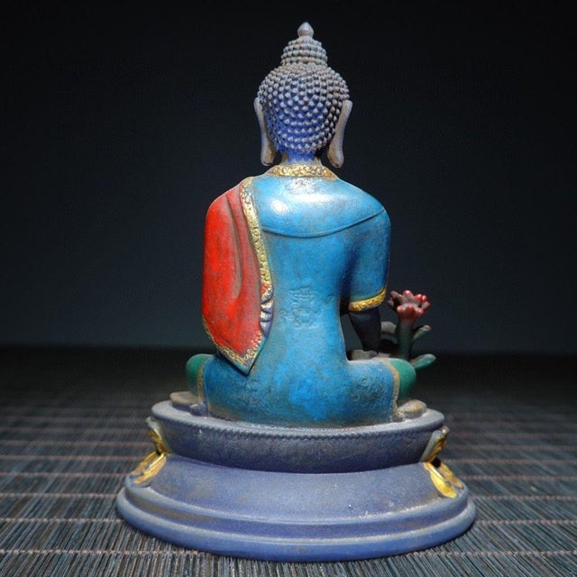 Asian Vintage Liuli Glass Medicine Buddha Statue With Polychrome Decoration For Sale - Image 3 of 9