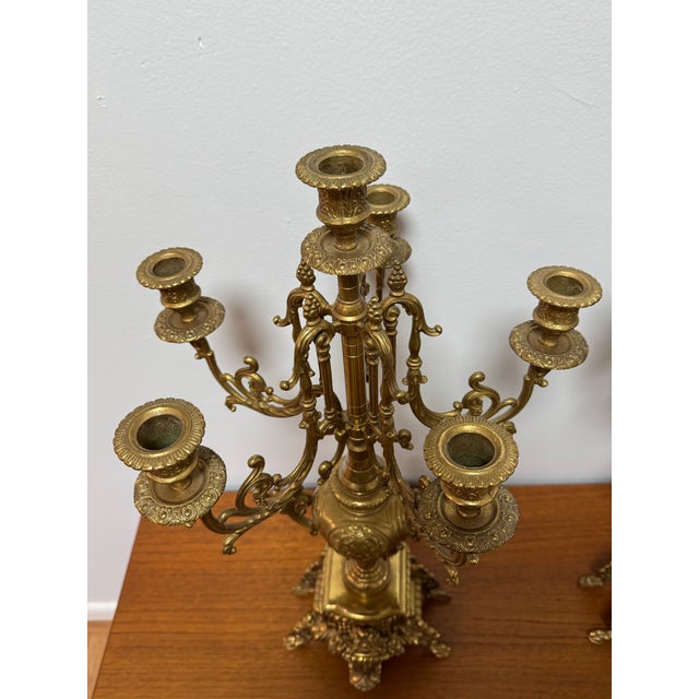 Large Pair of French Rococo Revival 6-Light Gilt Metal Candelabra, 24” Tall For Sale - Image 4 of 11