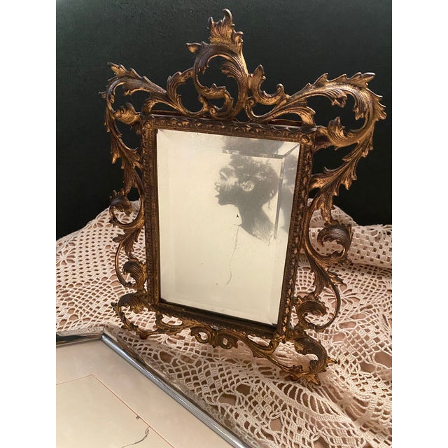 Brass Antique Ornate Brass Vanity Mirror With Scrolling Acanthus Leaf Frame. For Sale - Image 8 of 8