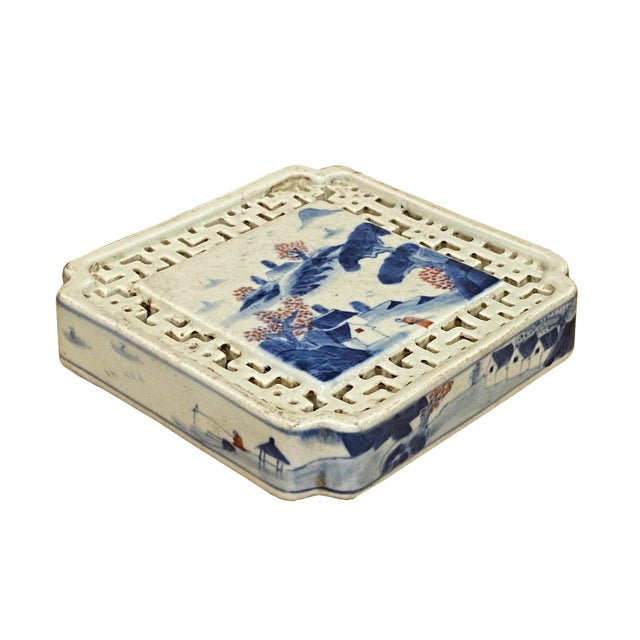 This is a vintage finish porcelain display with blue-white theme color oriental scenery graphic. Not for food serving. It...