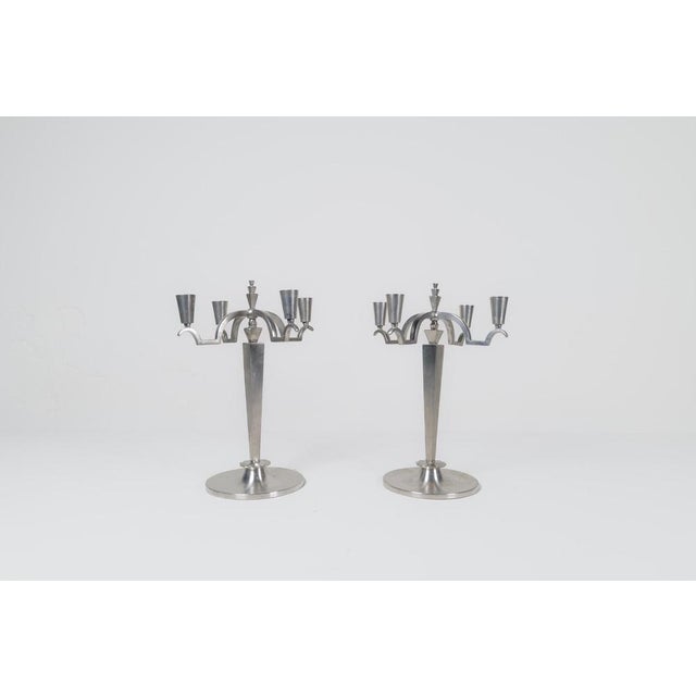 Silver Art Deco Sculptural Candleholders in Pewter, Sweden, 1940s, Set of 2 For Sale - Image 8 of 16
