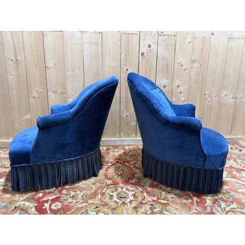 Napoleon III Blue Velvet Toadstool Armchairs, Set of 3 For Sale - Image 5 of 8