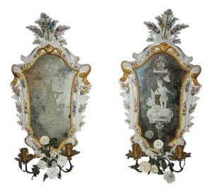 19th Century Italian Baroque White Porcelain Mirrors with Flowers, 1830, Set of 2