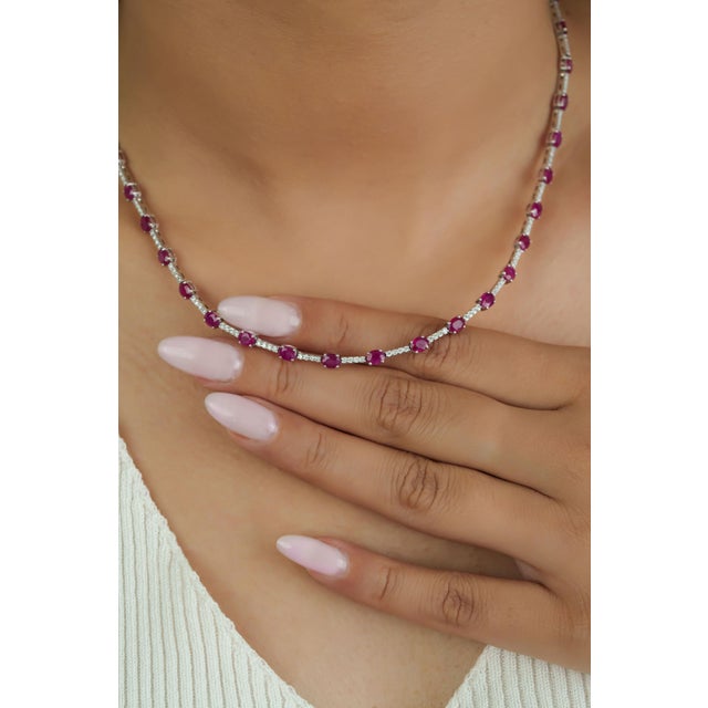 Natural 8.90ct Ruby & 1.24ct Diamond Riviera Tennis Necklace in 14k White Gold For Sale In New York - Image 6 of 17