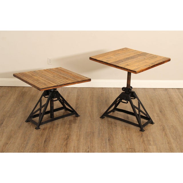 Rustic Industrial Style Pair of Adjustable Height Tables For Sale - Image 3 of 12
