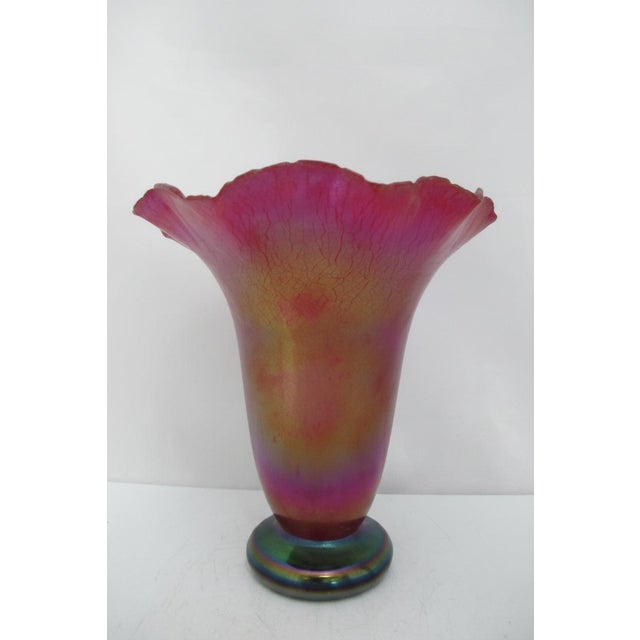 Donald Carlson Iridescent Art Glass Ruffled Trumpet Vase For Sale - Image 4 of 13