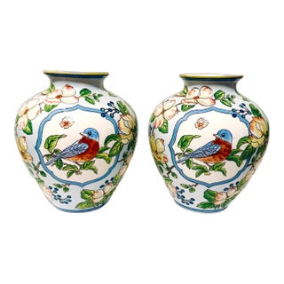 Vintage Pair of Chinoiserie Song Bird Vases, Andrea by Sadek For Sale