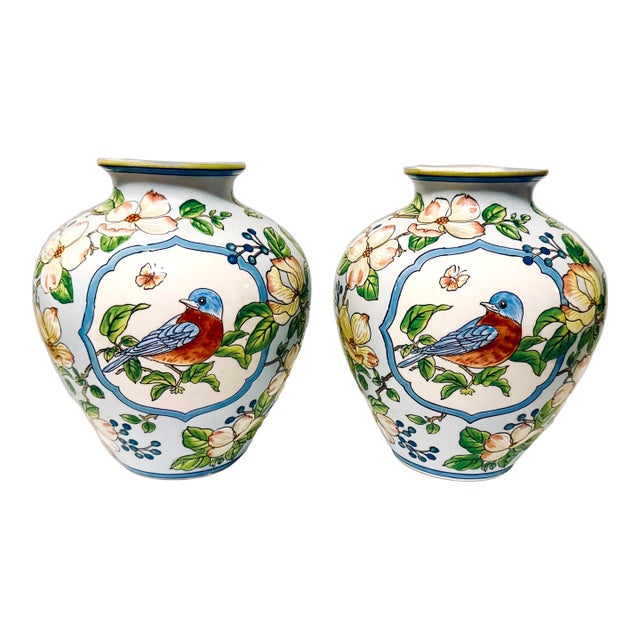 Vintage Pair of Chinoiserie Song Bird Vases, Andrea by Sadek For Sale