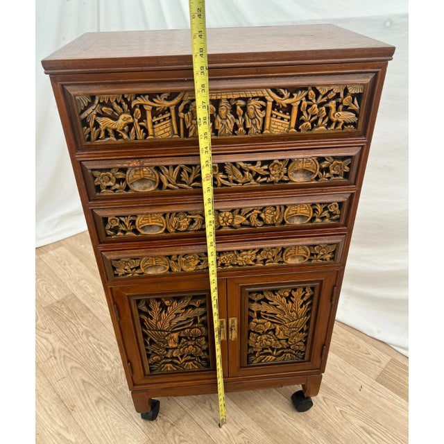 1970s Mid Century Chinese Cabinet, Silverware Storage, Three Drawer's Hand Carved For Sale - Image 14 of 17