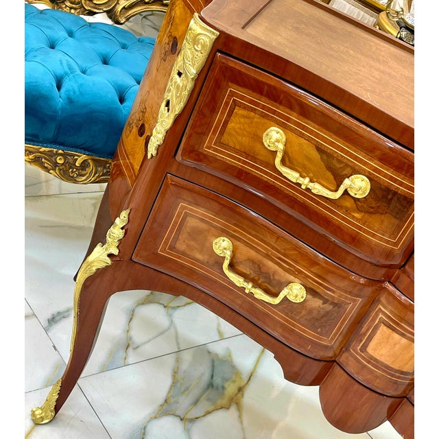 French-Style Wood Commode – Rich Wood Finish, Gold Leaf Details & Two Large Drawers For Sale - Image 4 of 4