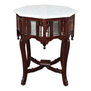 Vintage Marble Top End Table | Hand Carved Teak Wood Hexagon Side Table | Victorian Style Foyer Furniture | Unique Accent Living Room Decor For Sale
