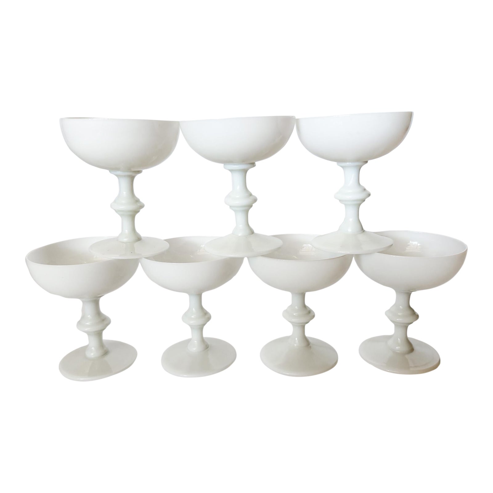 Vintage Portieux Vallerysthal French White Opaline Coupes, Set of