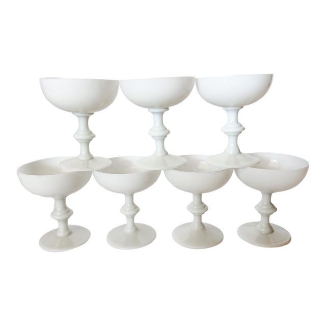 Vintage Portieux Vallerysthal French White Opaline Coupes, Set of 7 For Sale