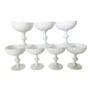 Vintage Portieux Vallerysthal French White Opaline Coupes, Set of 7
