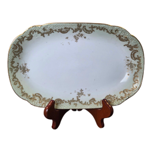 Antique Elite Works Limoges 10” Porcelain Serving Platter - Celadon Dotted Border & Gilded Scrolls