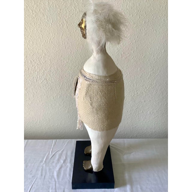 Metal 1980s Naida Seibel Mixed Media Figurative Sculpture With Brass Face & Feather Adornment, 27” H For Sale - Image 7 of 10
