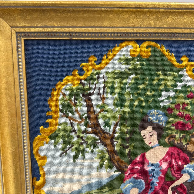 French Vintage Needle Point Painting “lady in Red” Framed For Sale - Image 3 of 8