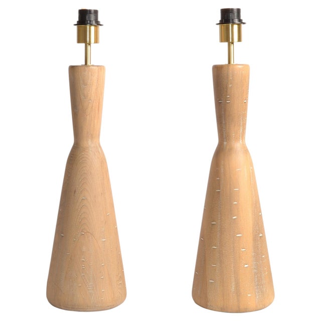 Vintage Natural Tapered Solid Wood Brass Table Lamps Mid-Century Modern, Pair For Sale - Image 17 of 18