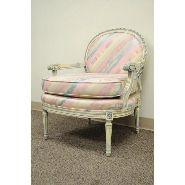 Mid 20th Century Vintage French Louis XVI Pink Blue Carved Bergere Boudoir Lounge Arm Chair For Sale - Image 5 of 12