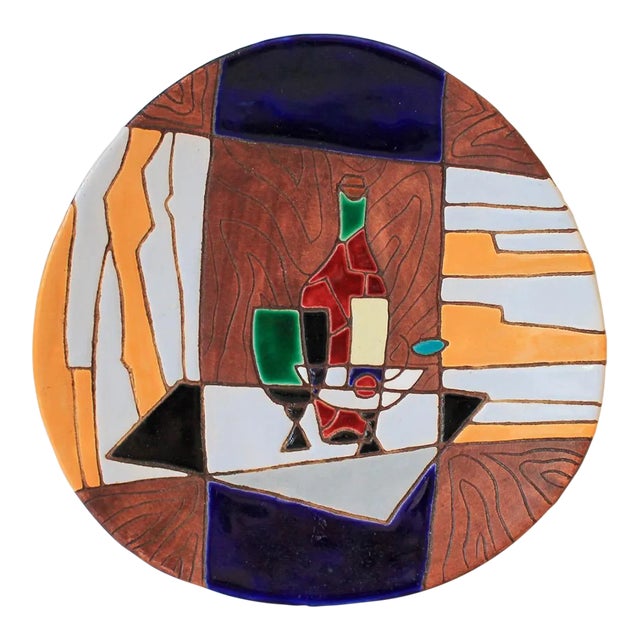 Mid -Century Keramos Israeli Hand Painted Enameled Ceramic Wine Themed Plate For Sale