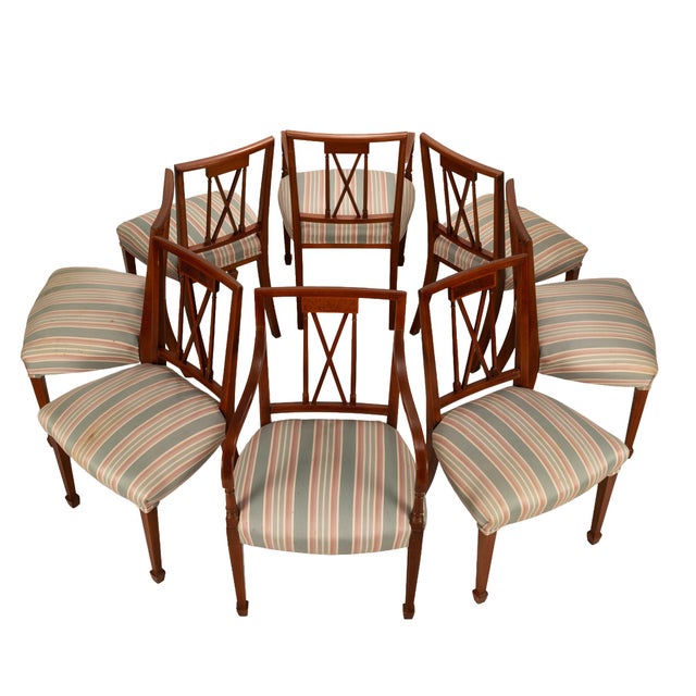 1950s Flame Mahogany Regency Style Dining Chairs – Sculpted Arms & Inlaid X-Backs - Set of 8 For Sale - Image 4 of 18