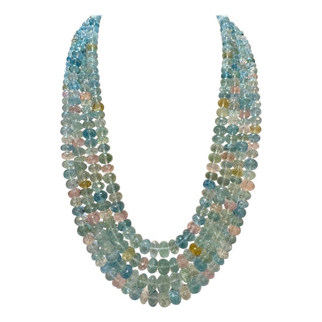 1000 Carat Natural Fine Aquamarine Bead Necklace, Four Strand in Metal Clasp For Sale