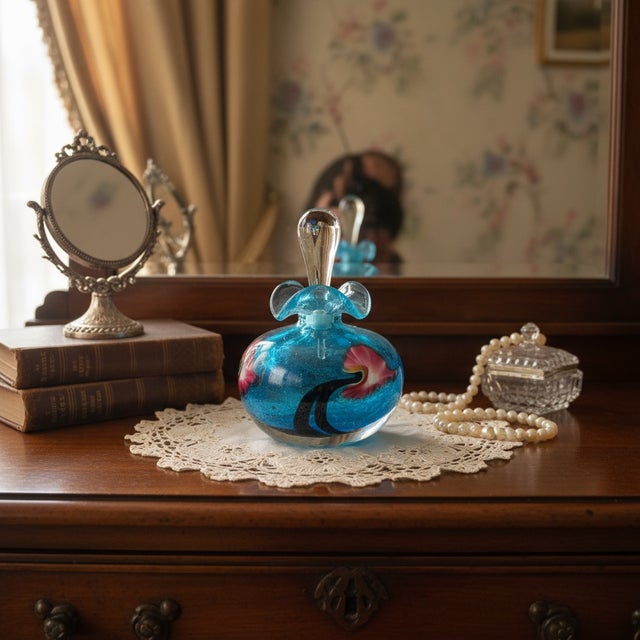 Signed Hand‑Blown Studio Art Glass Perfume Bottle – Blue Swirl With Clear Stopper For Sale - Image 9 of 9
