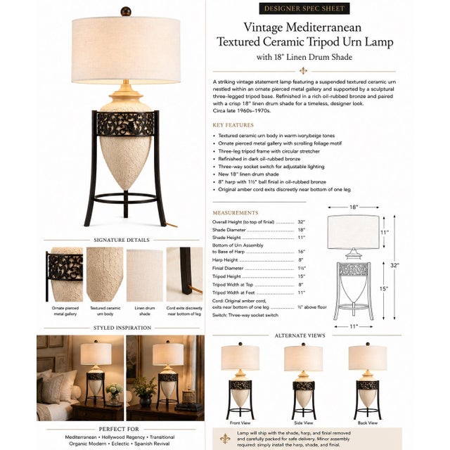 Vintage Mediterranean Textured Ceramic Tripod Urn Lamp With Linen Drum Shade For Sale - Image 4 of 4