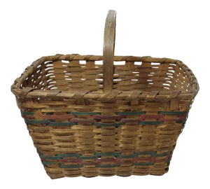 Antique Rustic American Primitive Hand Woven Ash Splint Carry Basket With Painted Decoration