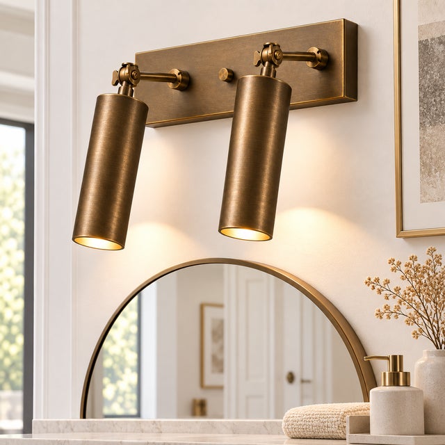 Handcrafted Brass 2-Light Adjustable Wall Sconce With Cylinder Shades, Vanity & Bathroom Light For Sale - Image 6 of 8