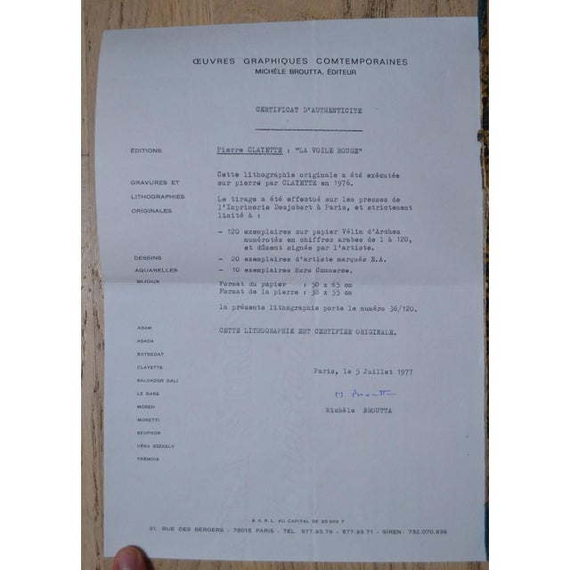 1976 "The Red Sail" Pierre Clayette Nautical Lithograph For Sale - Image 12 of 12